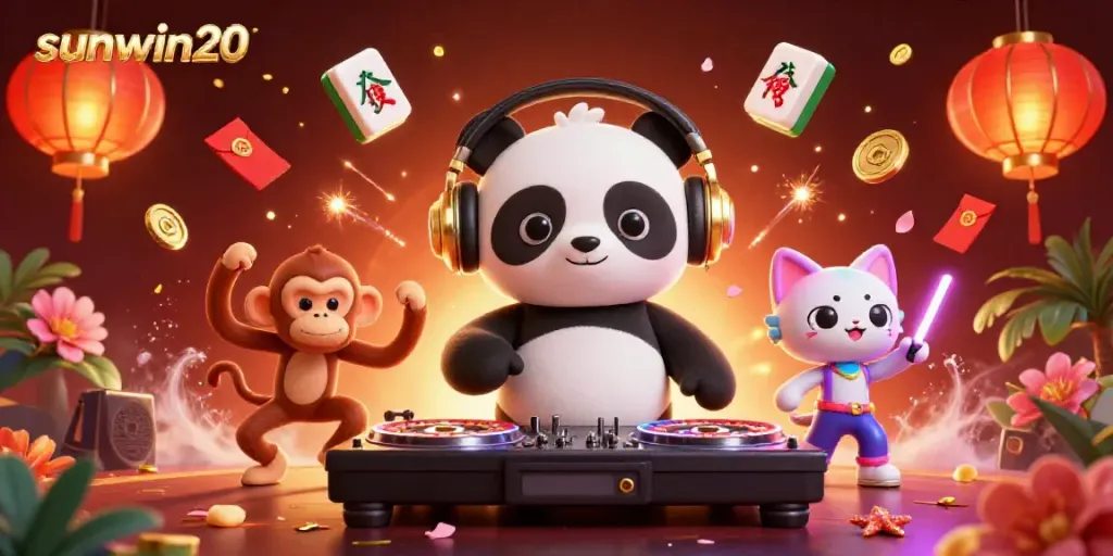 Engage with the vibrant world of sunwin20 featuring an energetic DJ panda and dynamic casino elements.
