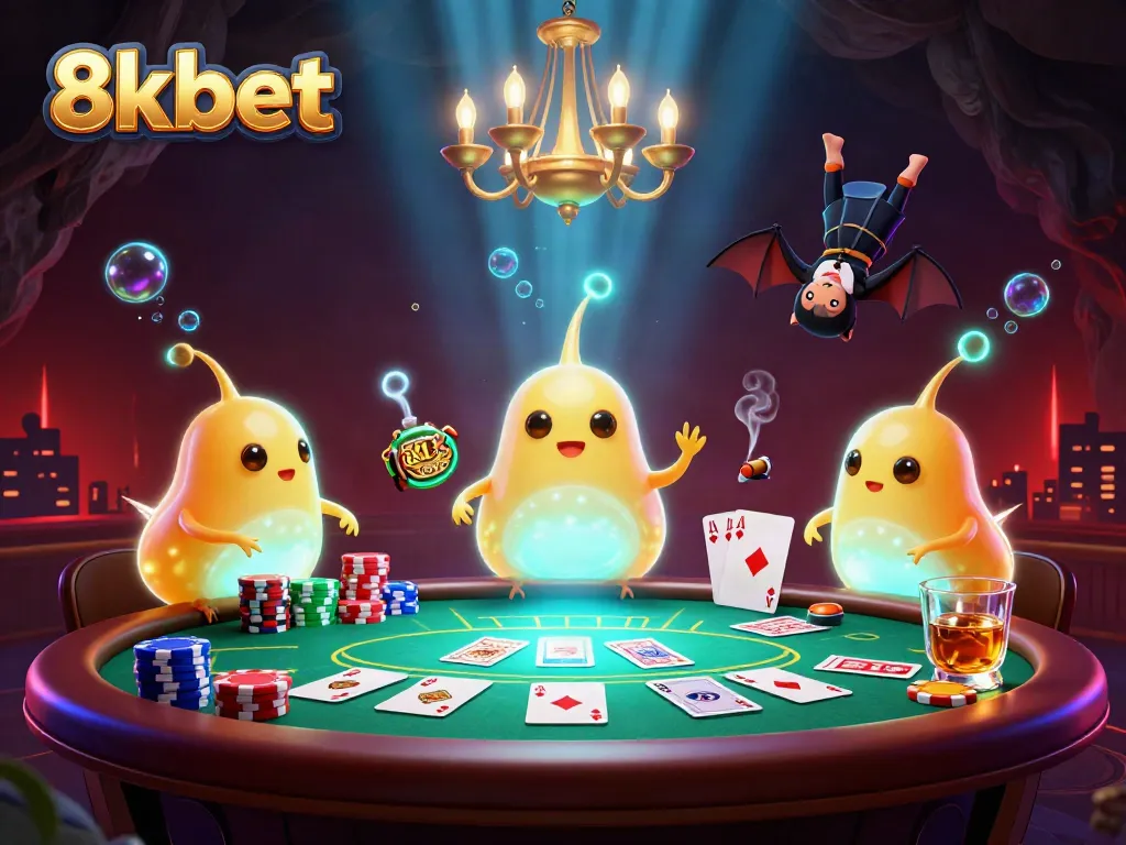 Experience thrilling games at 8xbet's vibrant glowing casino scene with poker excitement lighting up the night.