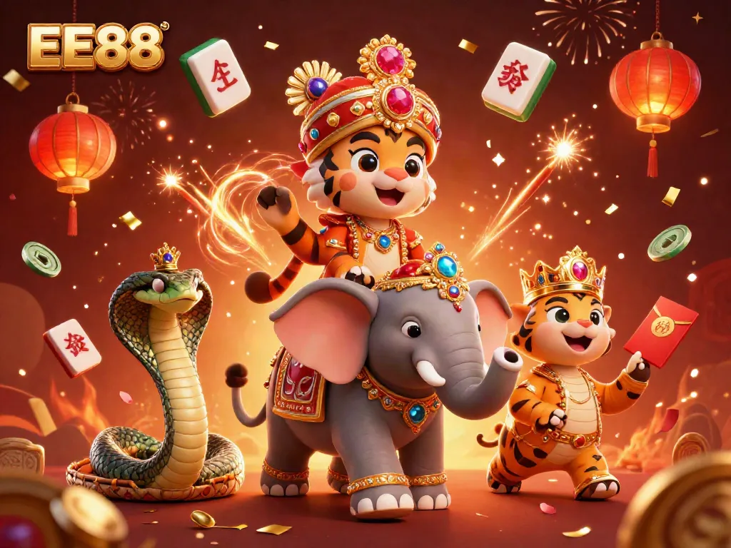 Engage with EE88 through vibrant 3D casino-themed illustration featuring a maharaja and an elephant.