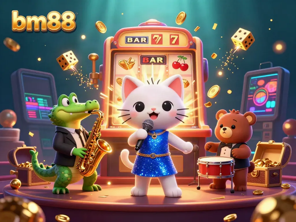 Engage with bm88's vibrant casino scene featuring a jazz-singer cat and friends celebrating a jackpot.