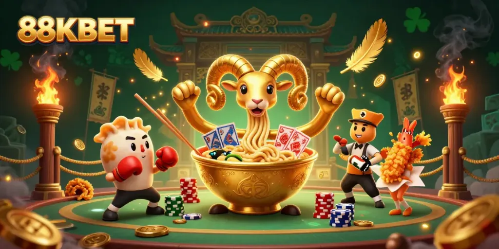 Experience the vibrant atmosphere at 88KBET with lively characters and iconic betting elements