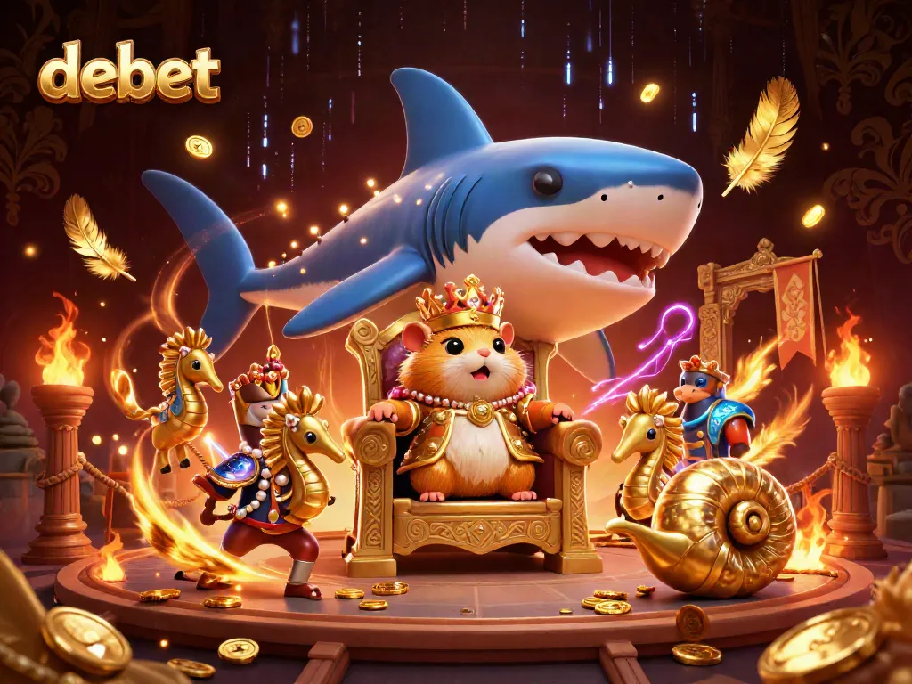 Engage with debet in a vibrant online casino showdown featuring a golden hamster king and treasures.