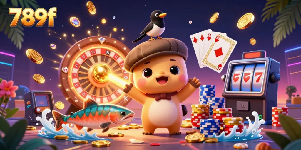 Experience thrilling wins at 789f with vibrant visuals of cascading coins and lively characters.