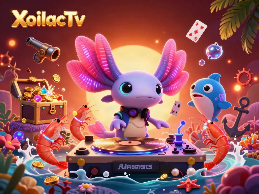 XoilacTv showcases a vibrant underwater DJ party with colorful elements, featuring dynamic creatures and gambling-themed decorations.