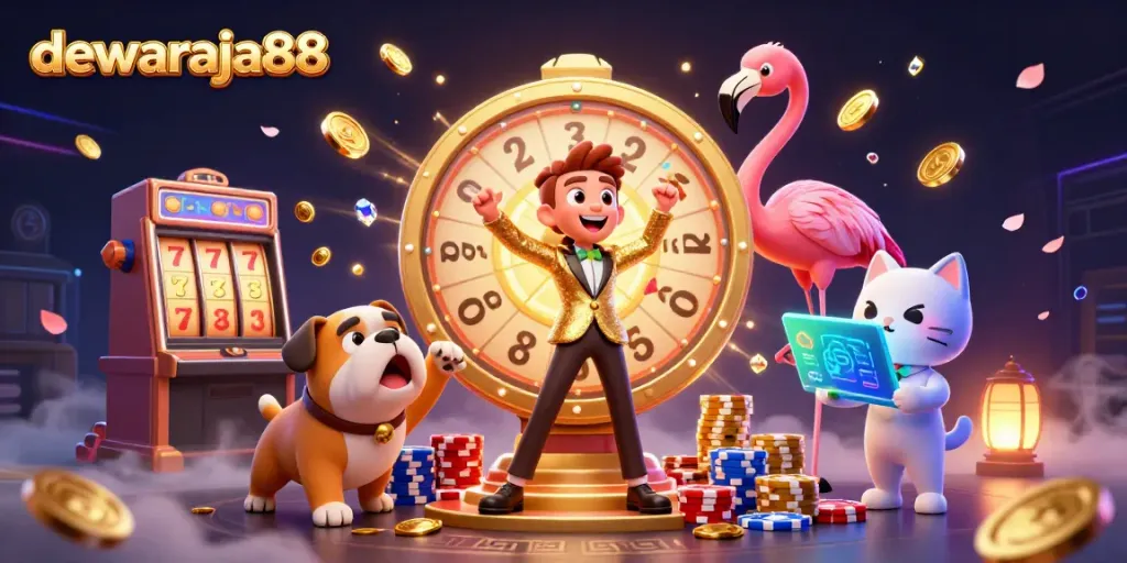 Putaran slot gacor di dewaraja88 dikelilingi oleh koin emas dan permata yang berkilauan.