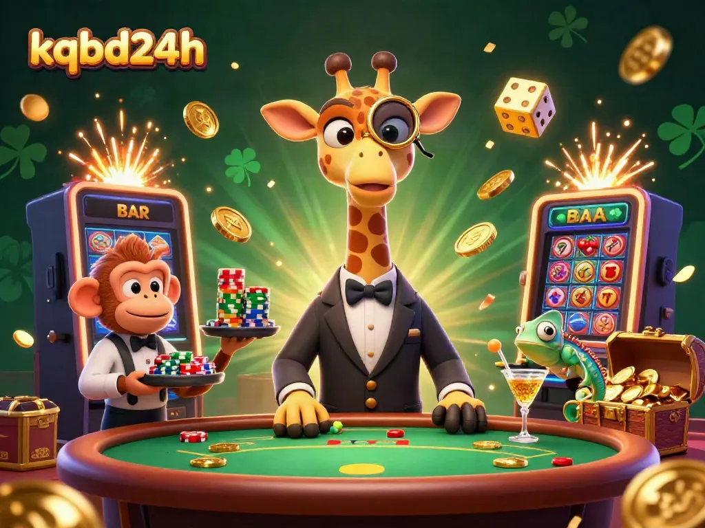 Experience thrilling casino action with kqbd24h, featuring vibrant characters and sparkling jackpots in a colorful 3D scene.