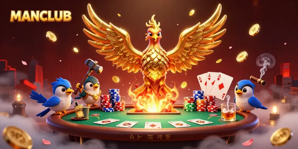Engage with MANCLUB's thrilling casino scene featuring a molten phoenix and poker excitement.