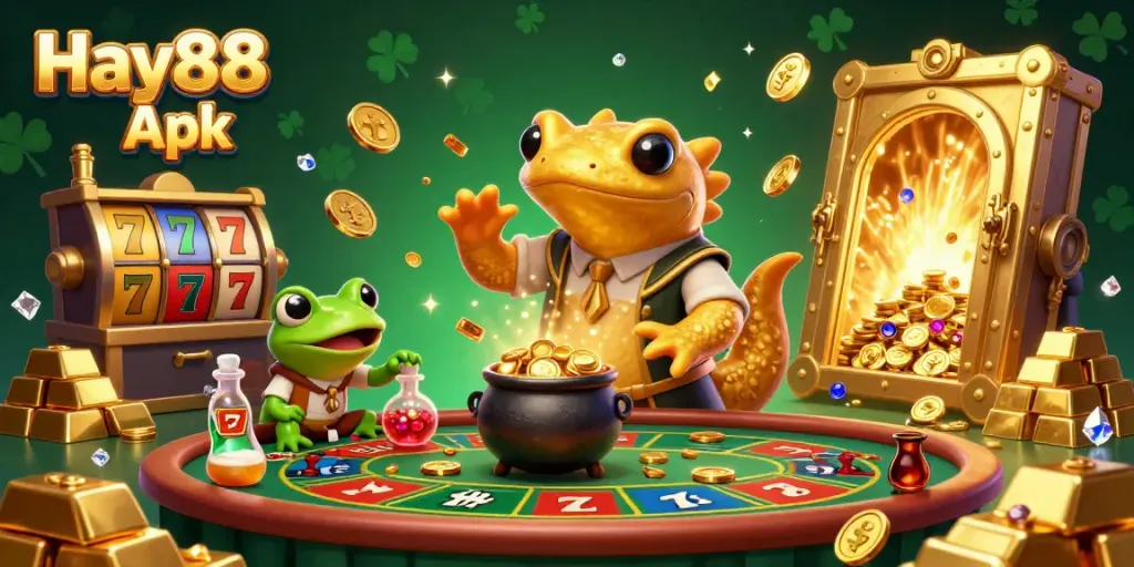 Experience the excitement of Hay88 Apk as the golden alchemist transforms metals into coins in a bustling casino.