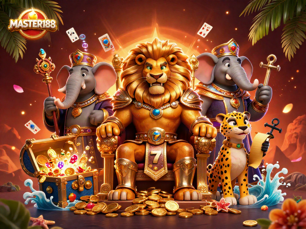 Win big with MASTER188 at this 3D digital casino scene showcasing vibrant slot machines and royal characters.