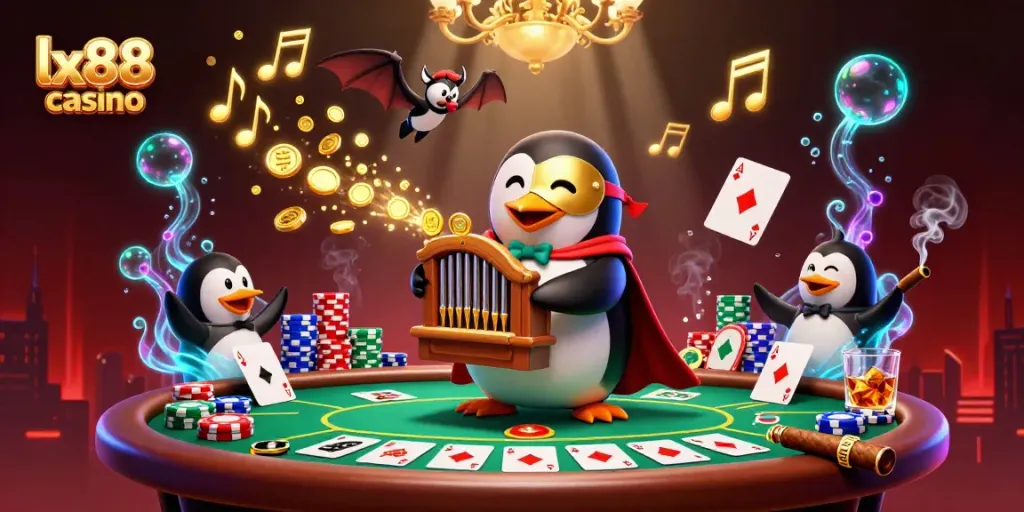 Experience the thrill of lx88 casino with vibrant characters and dynamic poker elements in a rich scene.