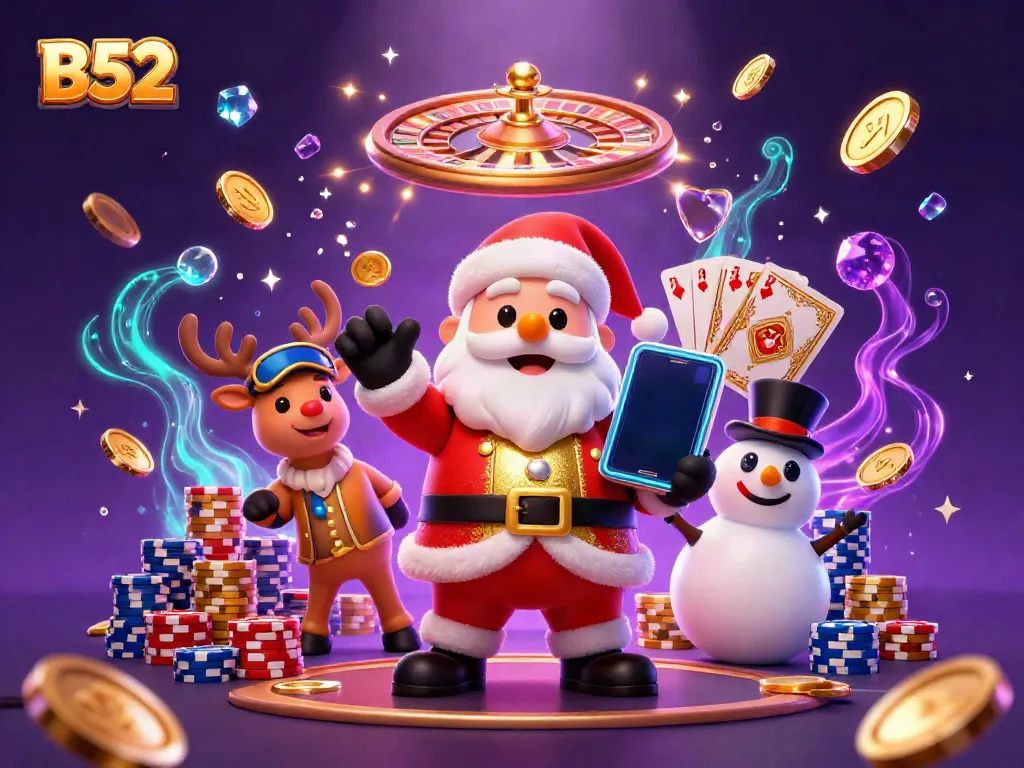 Experience the thrill of B52 gaming with Santa and friends in a dazzling casino scene!