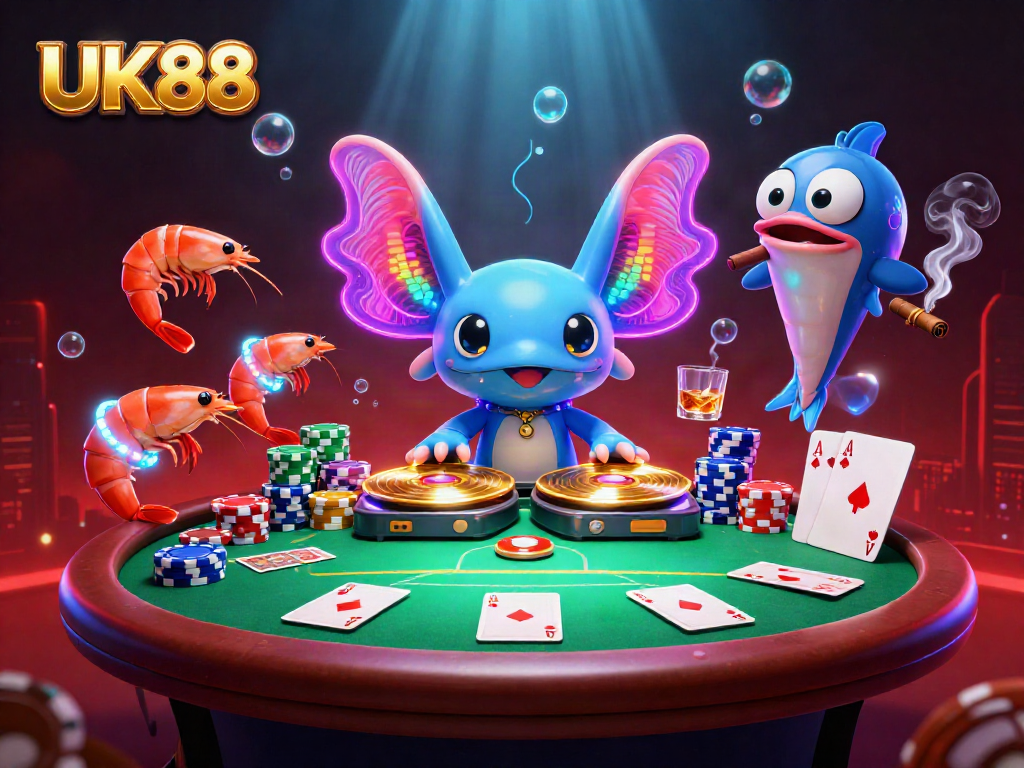 Engage in the vibrant world of UK88 with a neon underwater casino scene featuring a DJ axolotl.