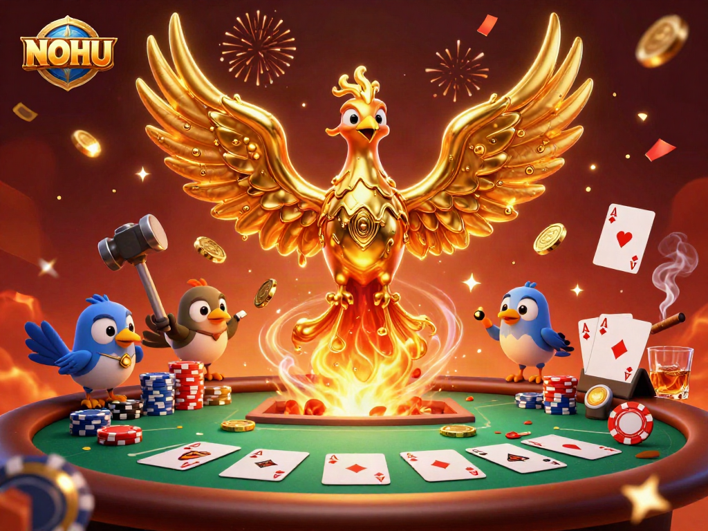 Experience the excitement of NOHU with golden coins and vibrant poker elements in a dynamic casino scene.