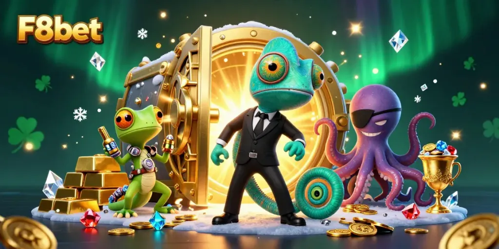 Engage with the vibrant world of F8bet featuring dynamic gambling elements and colorful characters.