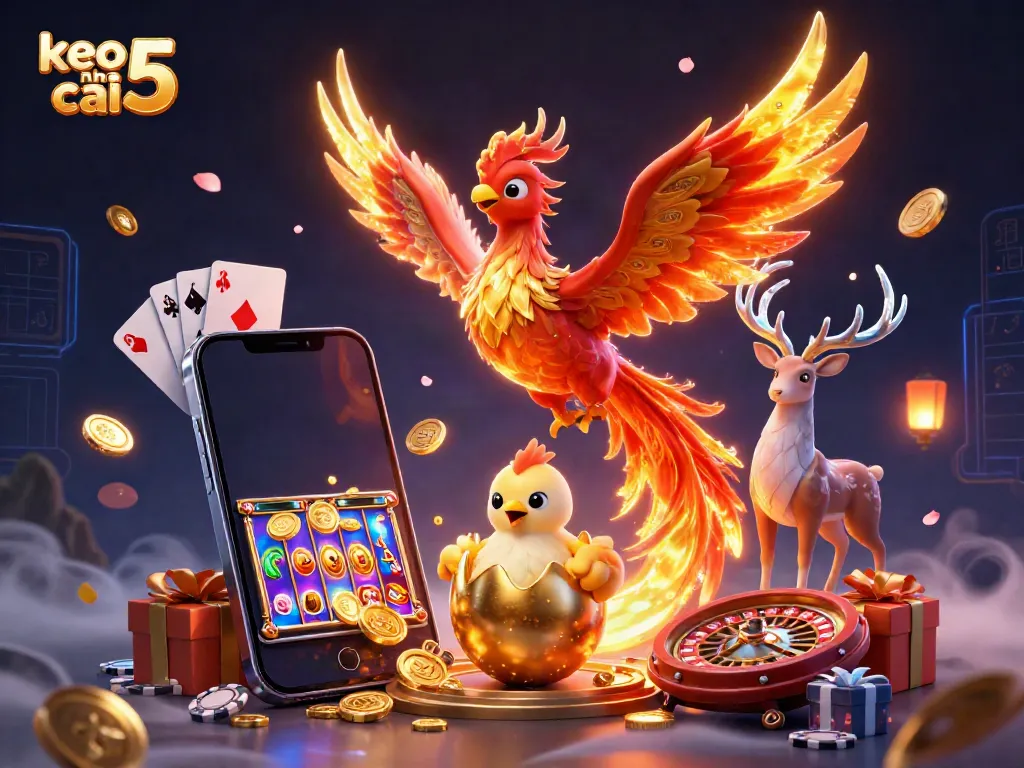 Engage with keo nha cai 5 through a dynamic illustration featuring an energetic phoenix, baby chick, and stag in a vibrant casino-themed scene.