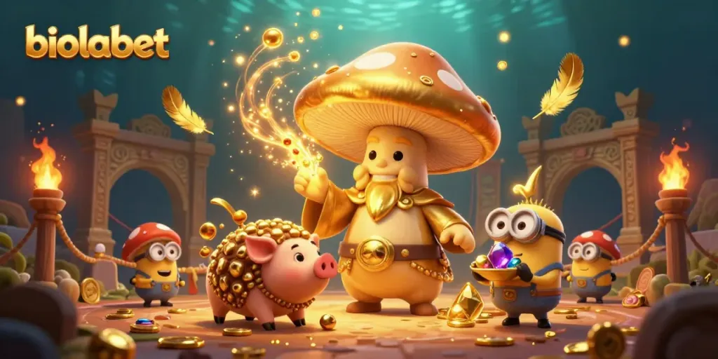 Experience the magic of biolabet with golden wizardry and treasure-hunting elements in a vibrant casino scene.
