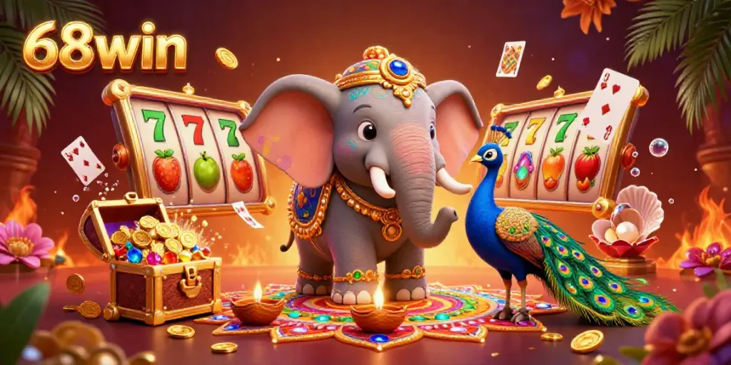 Engage in vibrant gaming with 68win featuring a dynamic casino scene full of slots and colorful characters.