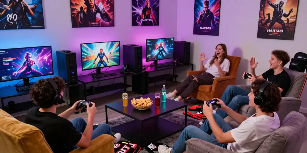 Community enjoying HARTA88 digital entertainment on screen, vibrant gaming scene.