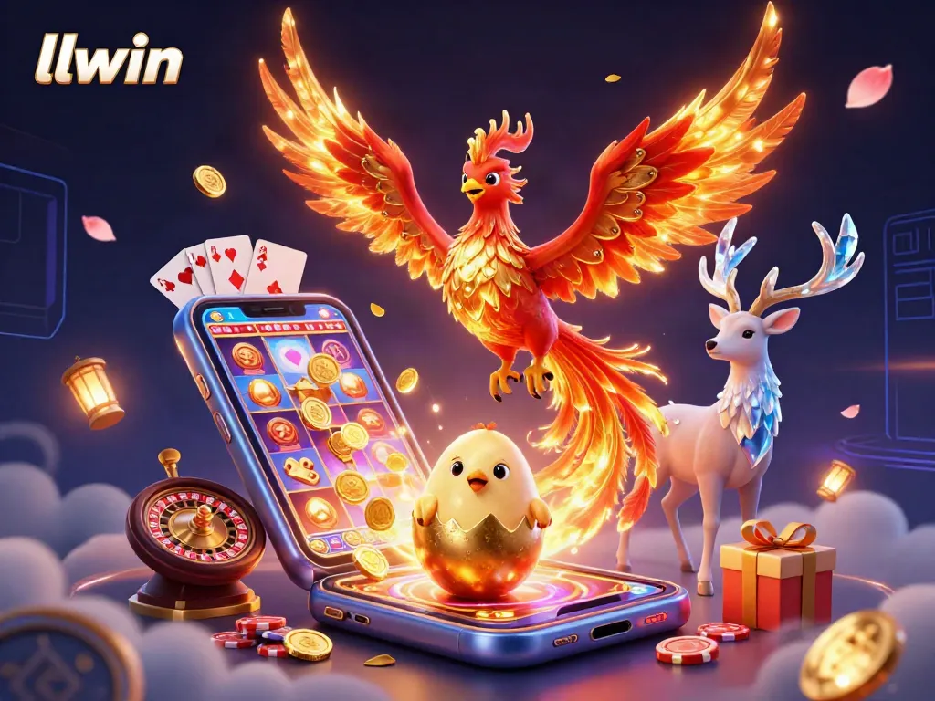 Spin and win on llwin with vibrant slot games, golden coins, and a phoenix scene.