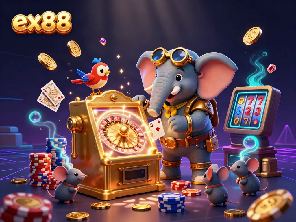 Experience the thrilling ex88 casino world with a steampunk elephant operating a golden slot machine.