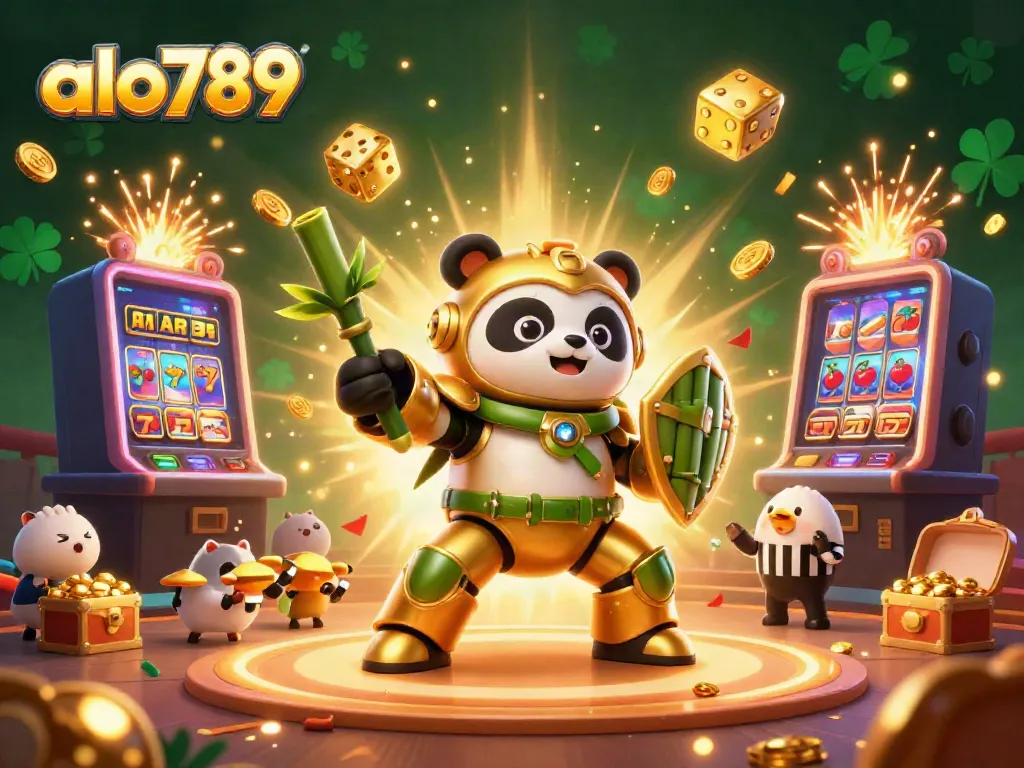 Experience the thrilling action at alo789 as a golden panda pilots a robot in an energetic casino arena.