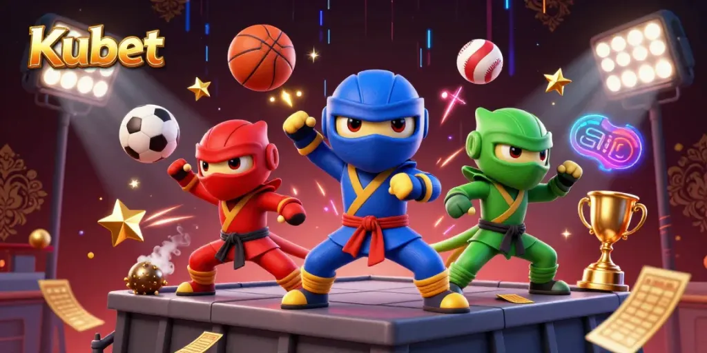 Kubet showcases exciting sports betting action with cartoon ninja chameleons amid vibrant casino elements.