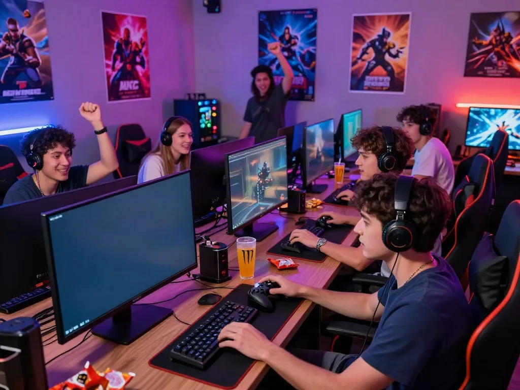 Friends enjoying the Kilat404 gaming experience in a vibrant lounge.