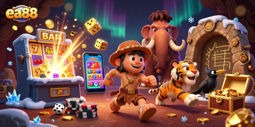 ea88 casino illustration with cavemen, sabertooth tiger, and crow amidst slot machines.
