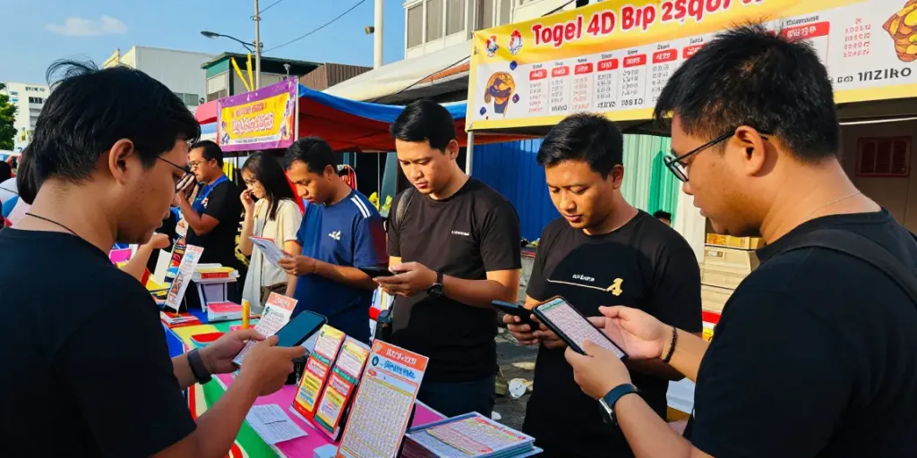 Community gathering celebrating togel 4D with people sharing tips and checking tickets.
