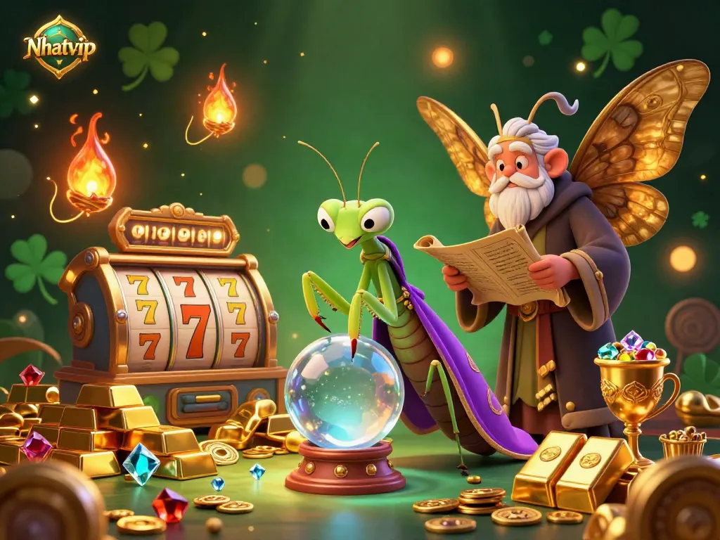 Nhatvip players enjoy a captivating scene of fortune with treasure elements and card game symbols.