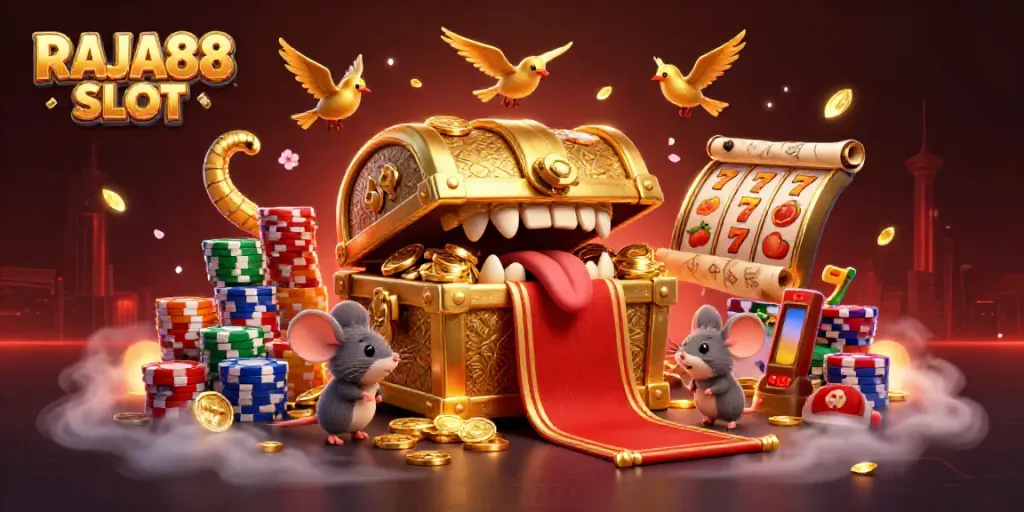 Experience the thrill of RAJA88 SLOT with a treasure chest and dynamic gaming elements.