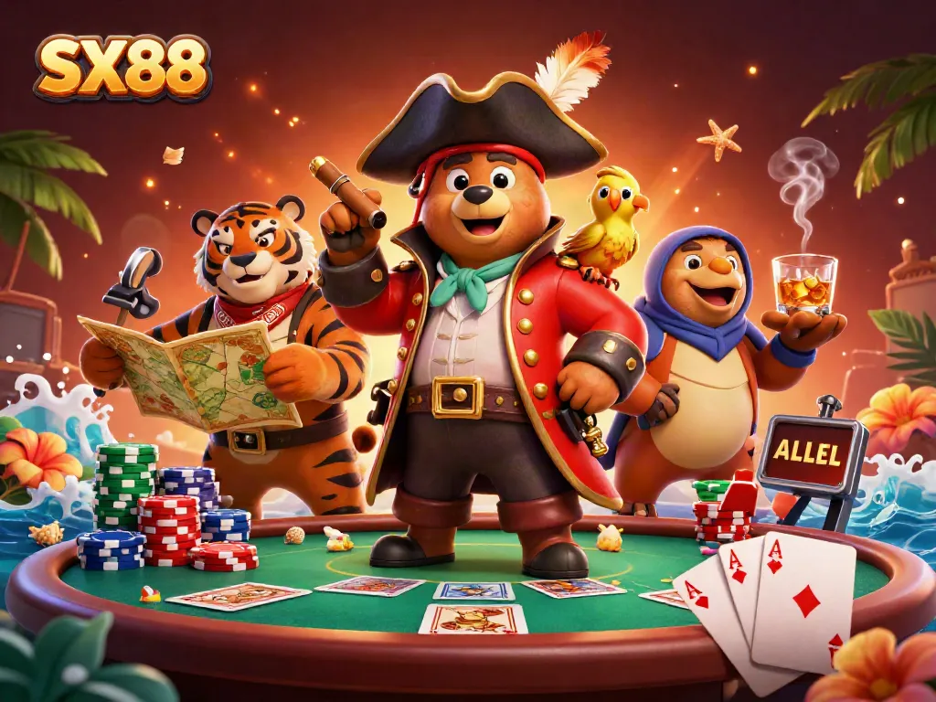 SX88 pirate-themed casino scene featuring a cartoon bear, tiger, and parrot with poker elements.