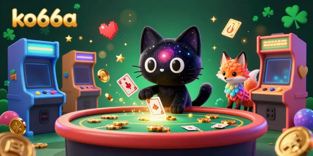 Experience the cosmic thrill of ko66a with a 3D cartoon black hole cat mesmerizingly pulling in casino chips and cards.