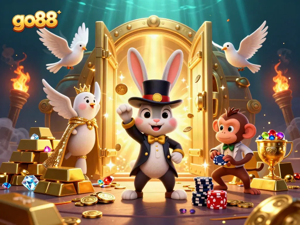 Engage with go88's magical world of gaming, featuring a rabbit, dove, and monkey in a thrilling casino scene.