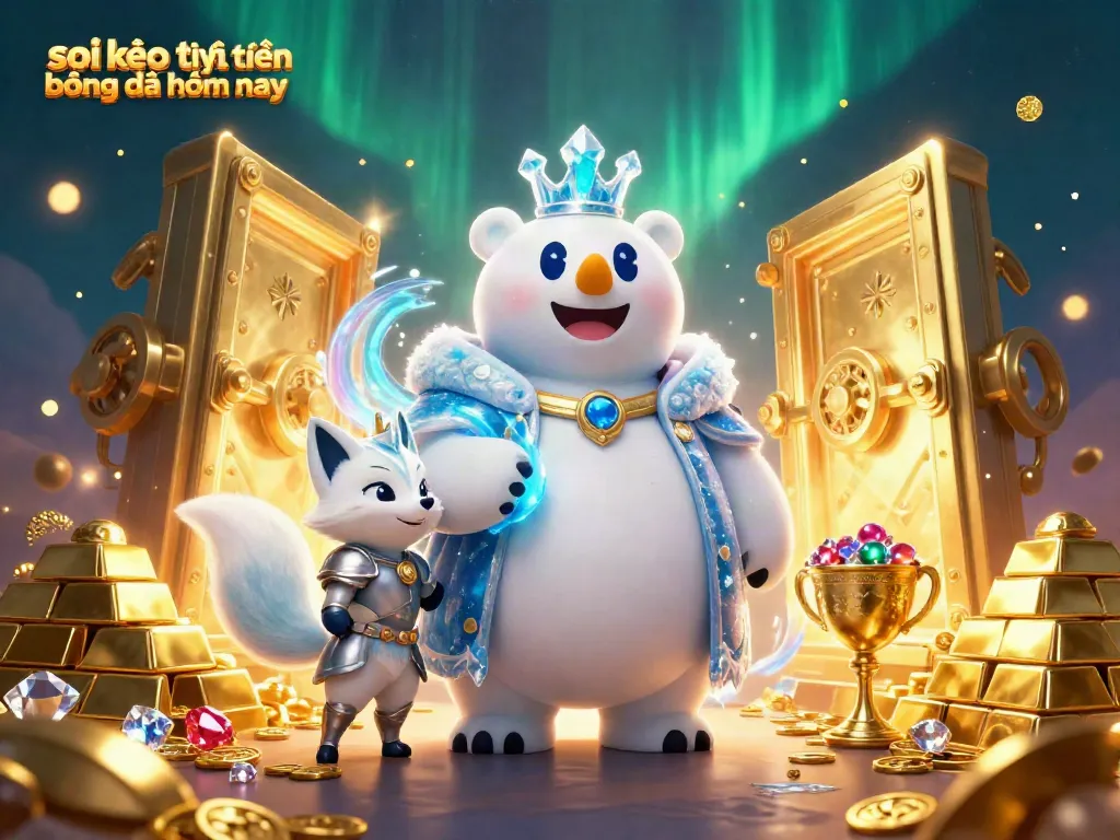 Soi kèo trực tuyến bóng đá hôm nay showcasing a dynamic 3D polar bear king surrounded by gold and sports elements.