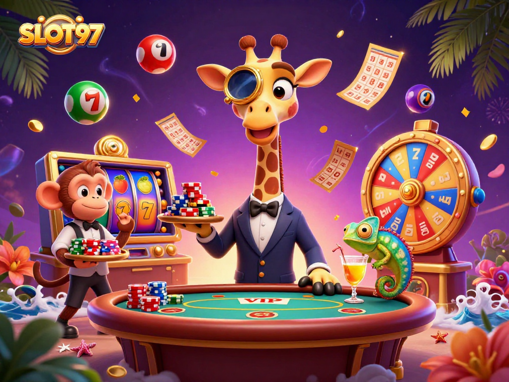 SLOT97 brings excitement with a giraffe at a poker table, lively lottery elements, and a chameleon bartender.