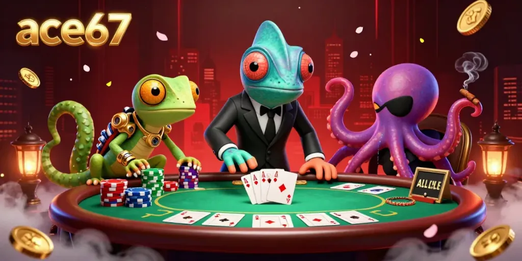 Experience the thrilling world of ace67 at a vibrant poker scene with dynamic characters and casino elements.