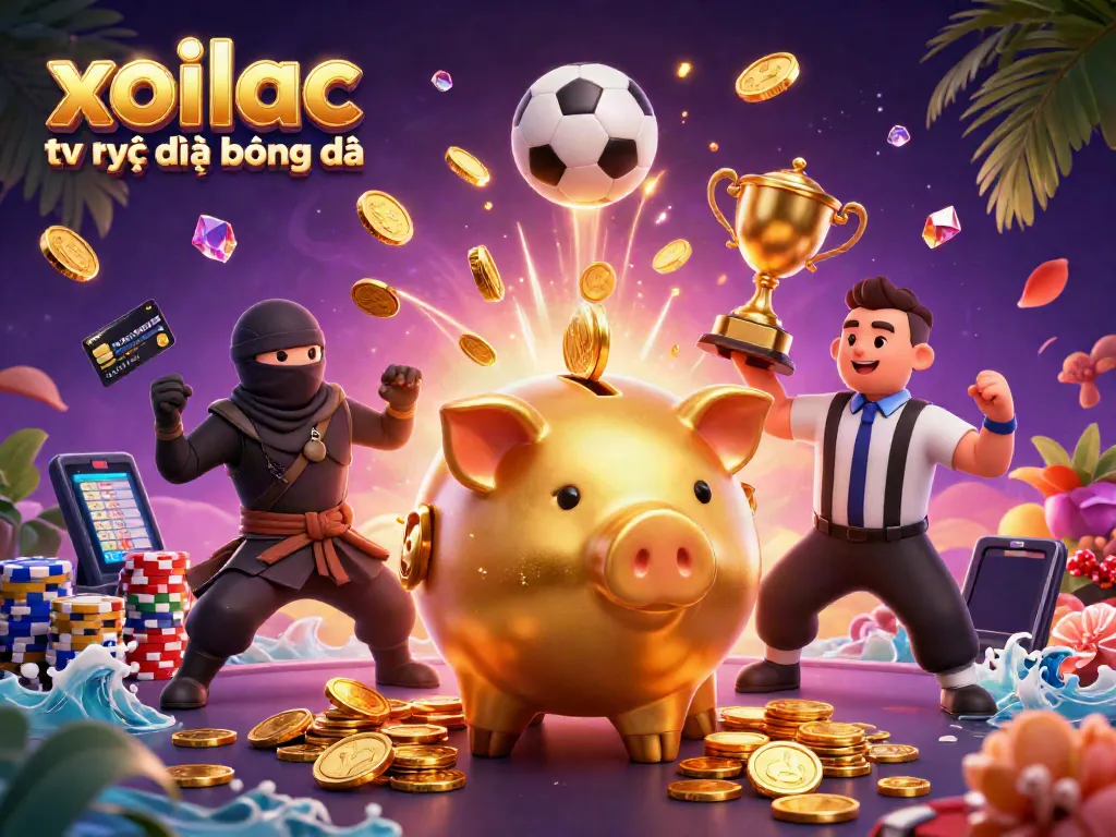 Experience xoilac tv trực tiếp bóng đá excitement through a dynamic scene with a golden piggy bank, wallet-ninja, and samurai referee.