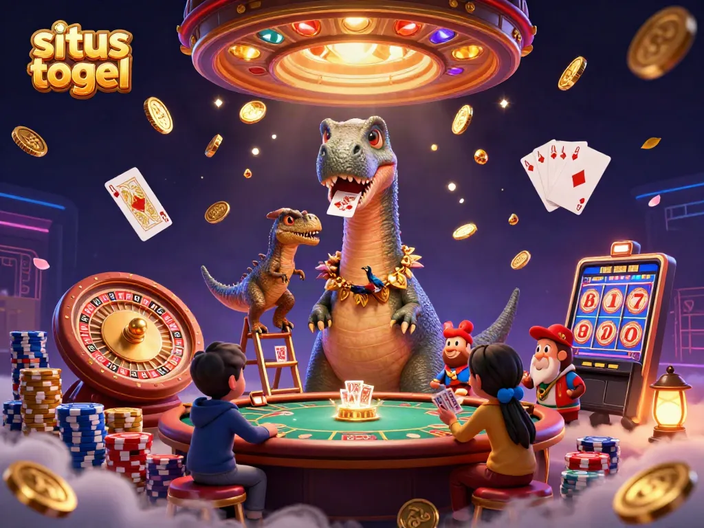 Experience the excitement of situs togel with a whimsical casino scene featuring unique dinosaurs.