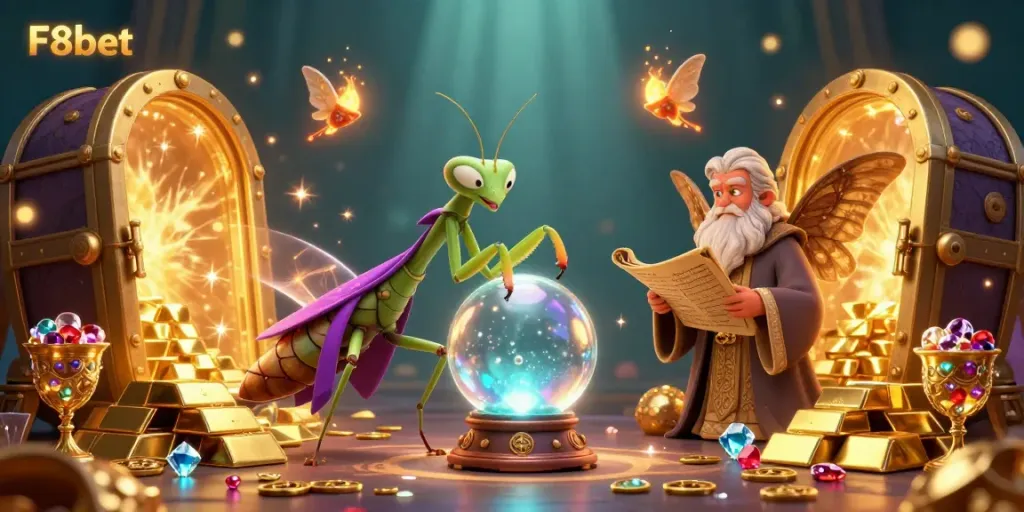 Experience the fortune telling magic of F8bet with whimsical characters and casino treasures.
