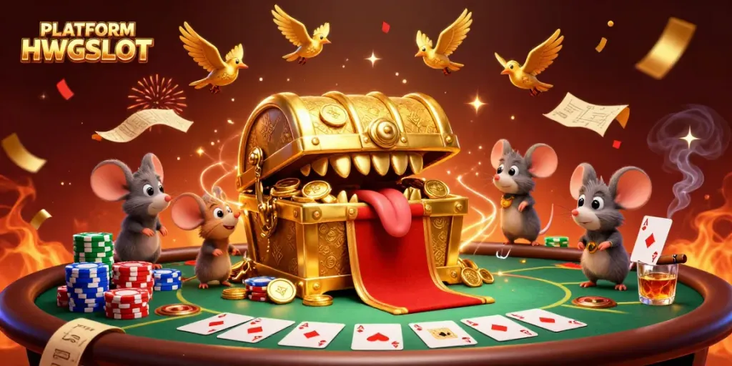 Engage with PLATFORM HWGSLOT’s vibrant casino scene featuring treasure chests and poker elements.