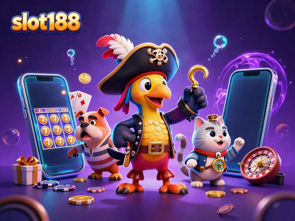 Visualisasi slot188 menunjukkan karakter bajak laut dan permainan slot yang menarik.