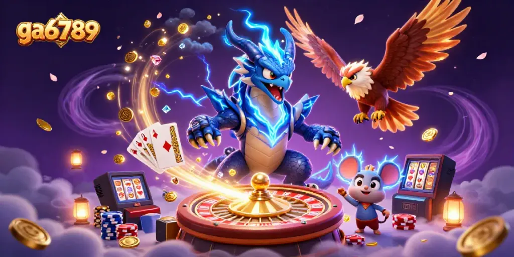 Experience the thrill of ga6789 with a dynamic illustration featuring a thunder dragon, wind hawk, and thunder mouse surrounded by casino elements.