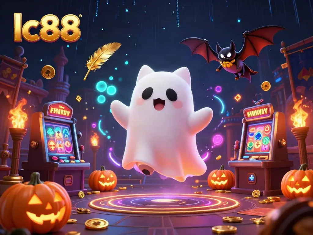 Experience thrilling action with lc88, showcasing ghostly adventures and glowing poker-themed decorations in a haunted casino.