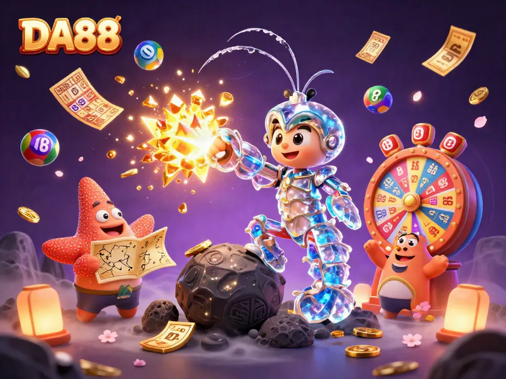DA88 captures a galactic mantis shrimp and starfish amidst a treasure explosion in this vibrant casino-themed illustration.