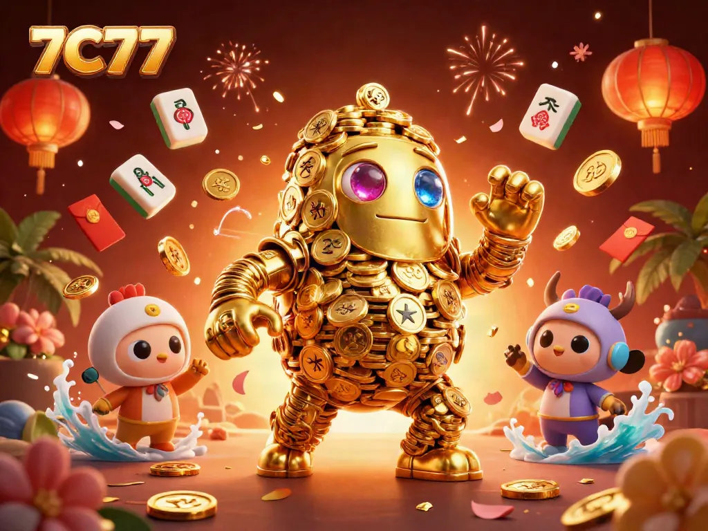 Experience vibrant casino action with the dynamic 7C77 golden golem illustration featuring immersive gaming elements.
