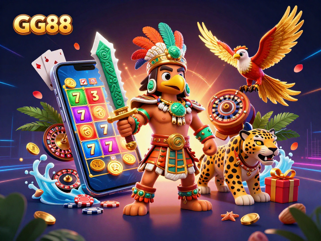 GG88 slot game features epic Aztec warriors and thrilling casino elements in vibrant 3D.