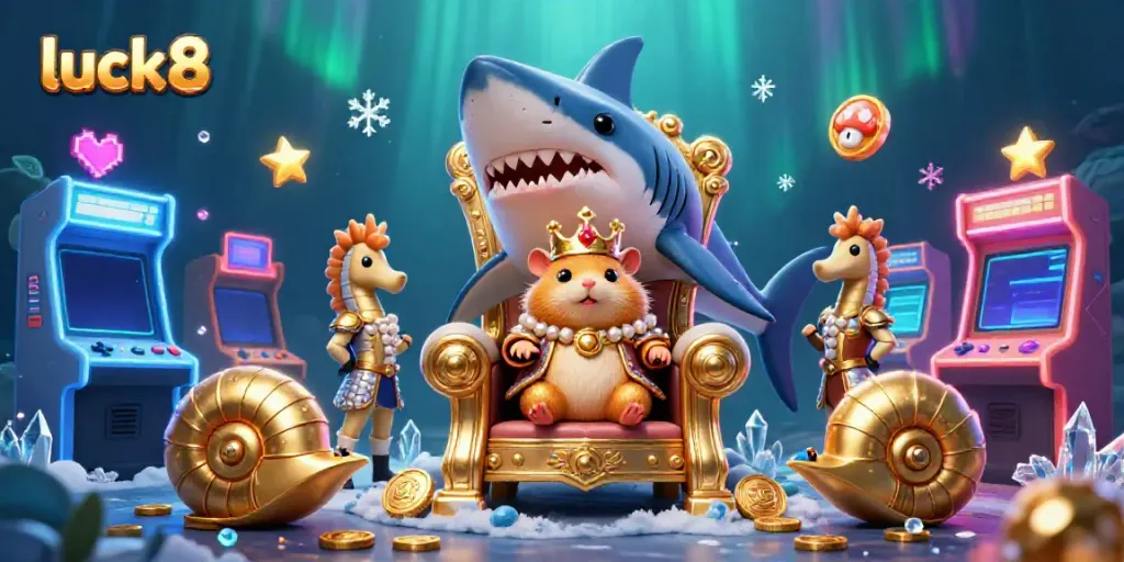 Experience the excitement of luck8 with a golden hamster king, royal seahorse guards, and vibrant casino elements.