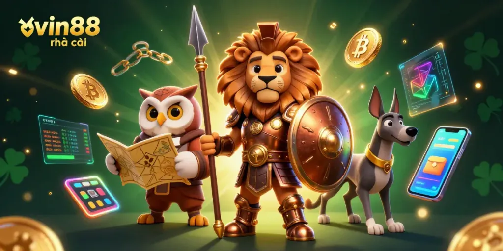 Join the excitement with vin88 nhà cái, as thrilling casino adventures unfold in a vibrant, 3D digital illustration.