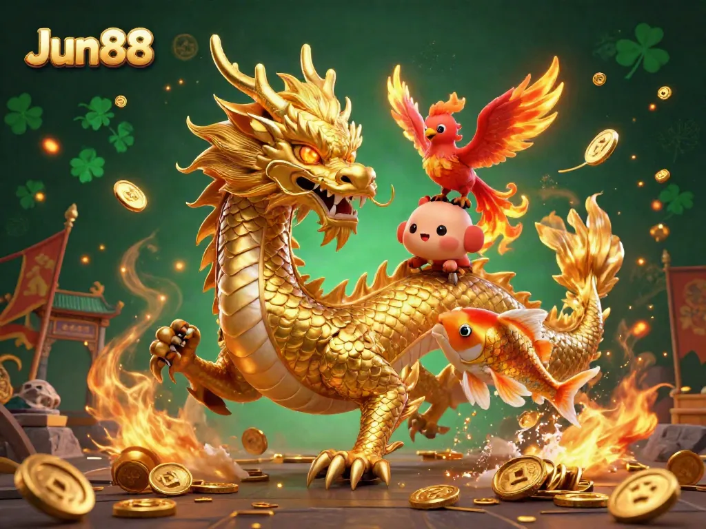 Experience the thrill of Jun88 with a golden dragon, phoenix, and koi fish amidst mesmerizing casino elements.